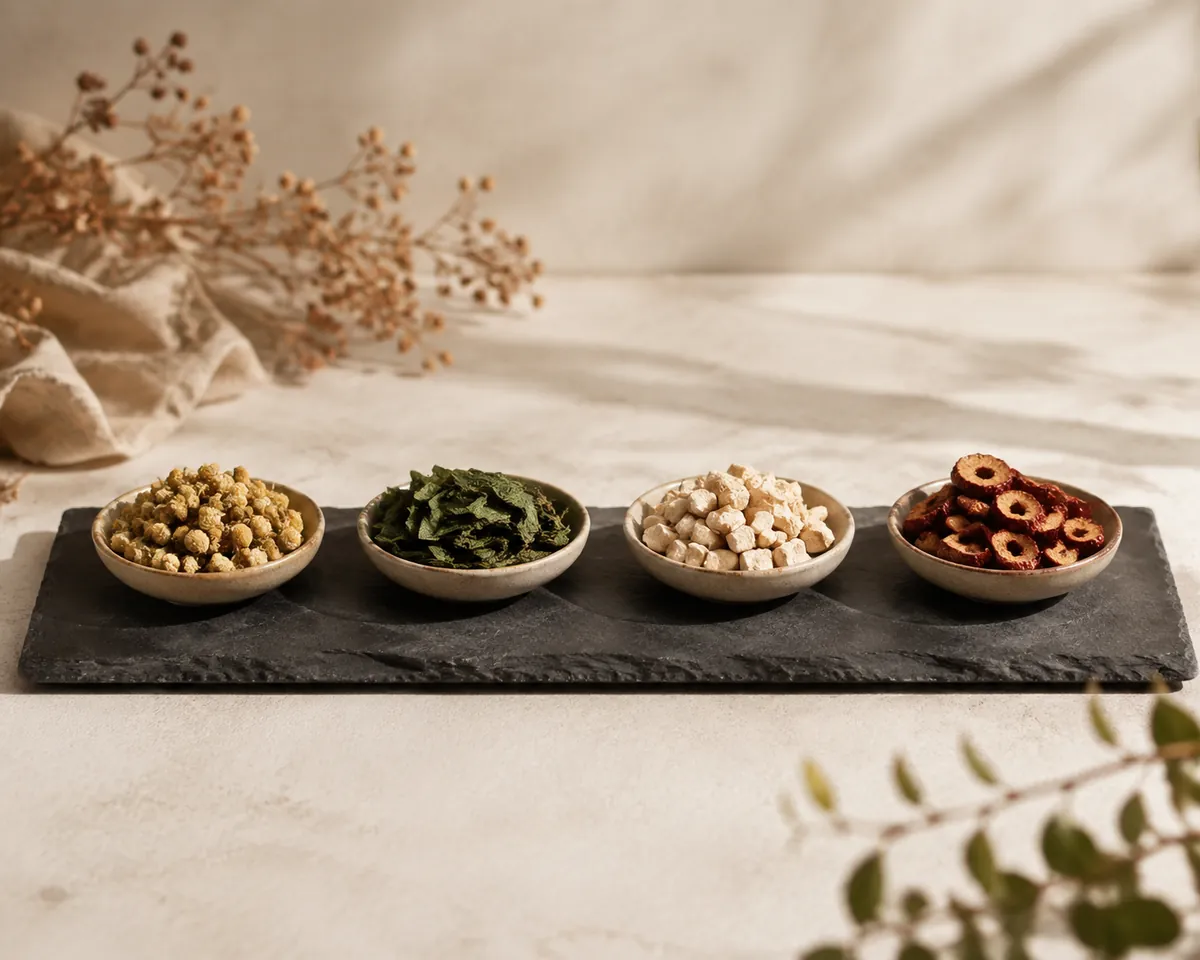 Four small dishes of dried infusion material in a row: flower heads, leaf, root and dried fruit