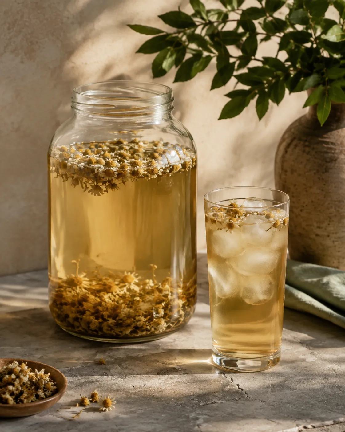 A large glass jar of pale golden cold-brewed chamomile with whole flower heads floating and settled at the bottom, beside a filled glass over ice