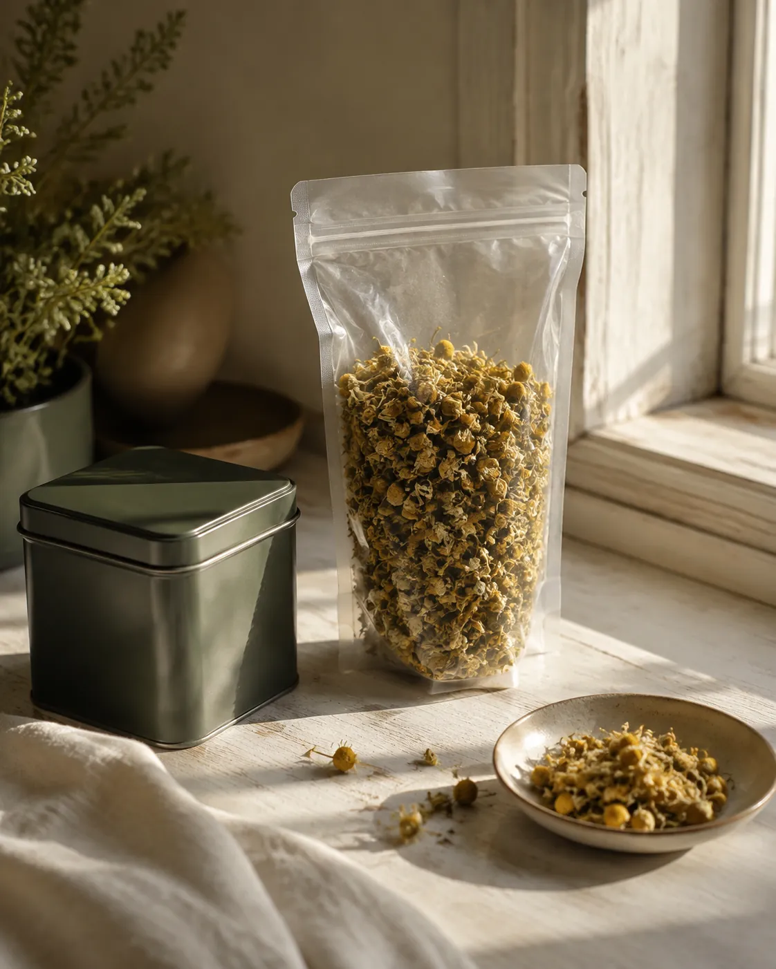 A plain clear bag of dried chamomile flowers standing in bright window light beside a closed opaque metal tin