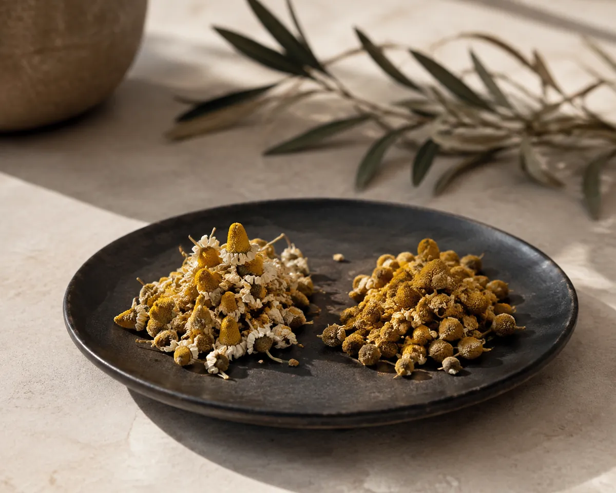 Two small heaps of dried chamomile on a dark dish, the left with tall hollow cone-shaped centres and the right with flatter denser heads