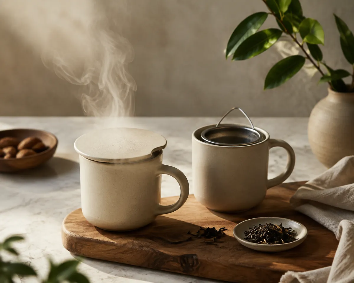 Two mugs on a wooden surface, the left covered with a small saucer and the right open with a basket infuser sitting in it
