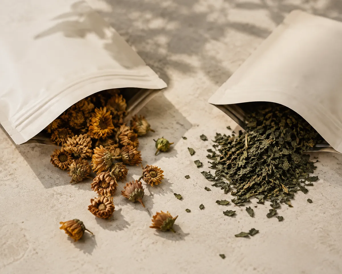 Two opened opaque pouches on pale stone, the left spilling whole flower heads and the right coarse dark green leaf