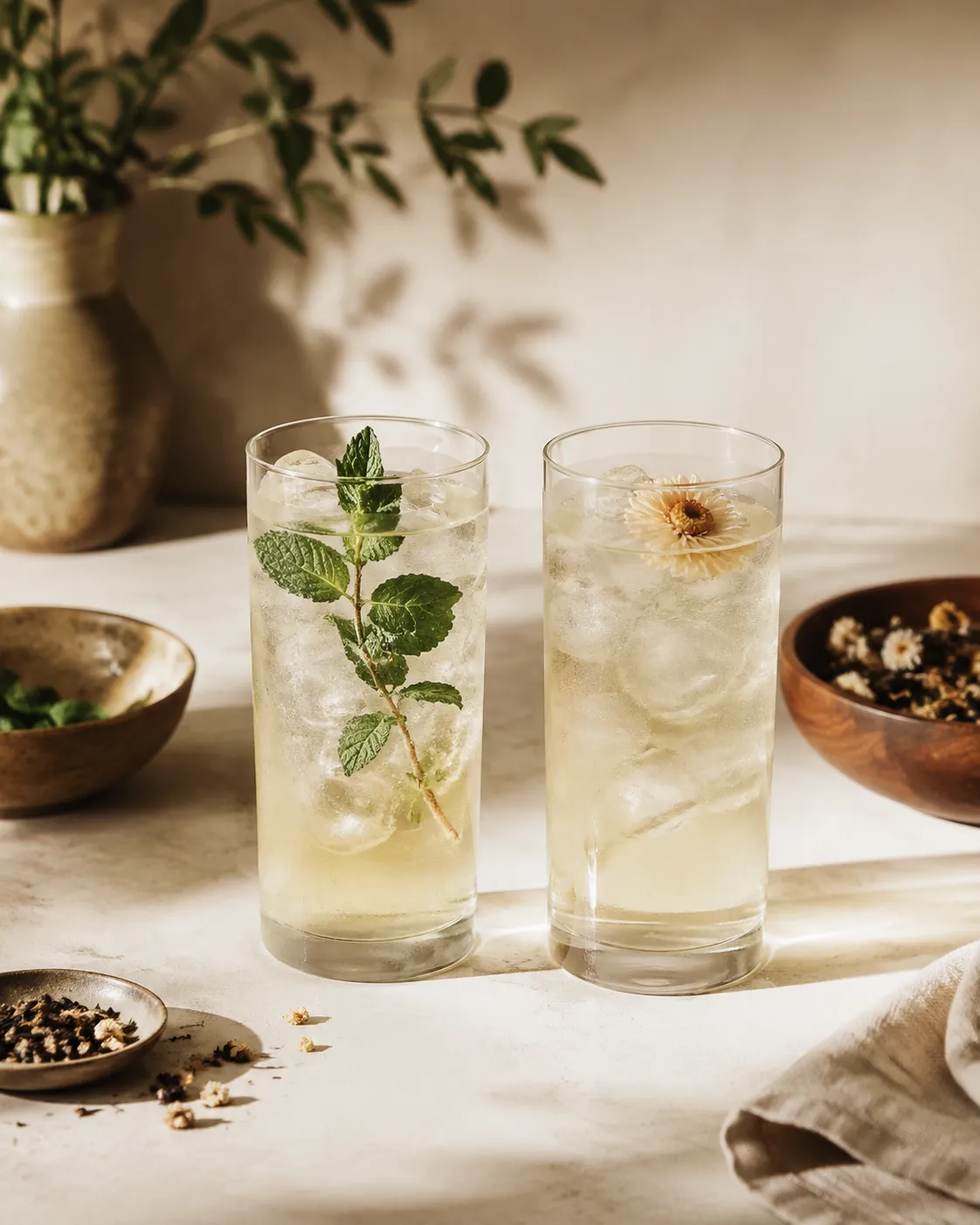 Two tall glasses of pale infusion over ice side by side, the left with a mint sprig and the right with a chamomile flower floating