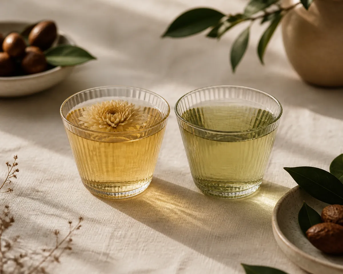 Two glass cups side by side on pale linen, the left pale gold with a flower head visible and the right a pale green-gold