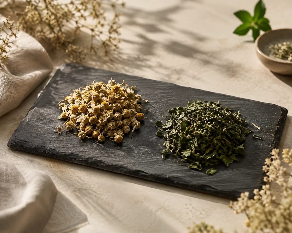 Two piles of dry material on dark slate, the left whole yellow and white chamomile flower heads and the right dark green cut mint leaf