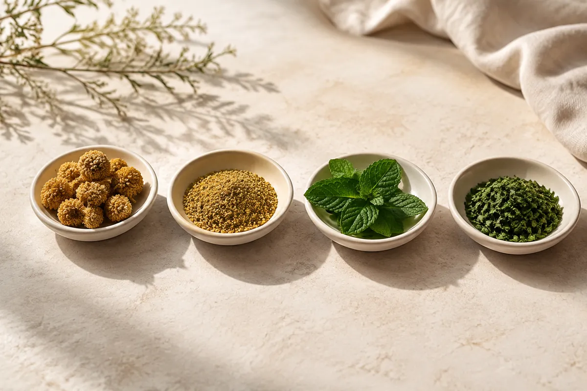 Four small dishes on pale stone: whole chamomile heads, yellow chamomile dust, whole mint leaf and finely cut mint