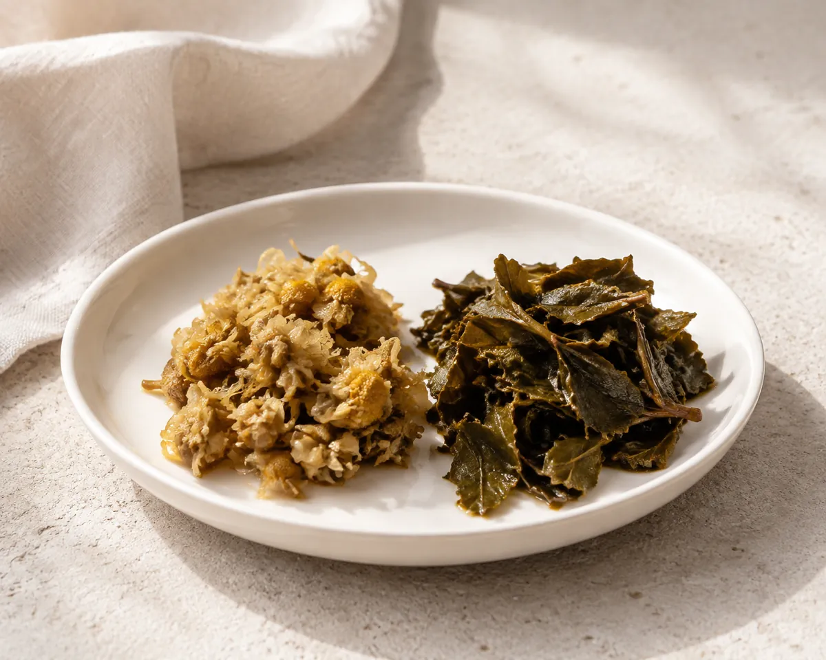 Two piles of spent wet material on a white saucer, the left swollen flower heads and the right dark opened mint leaves