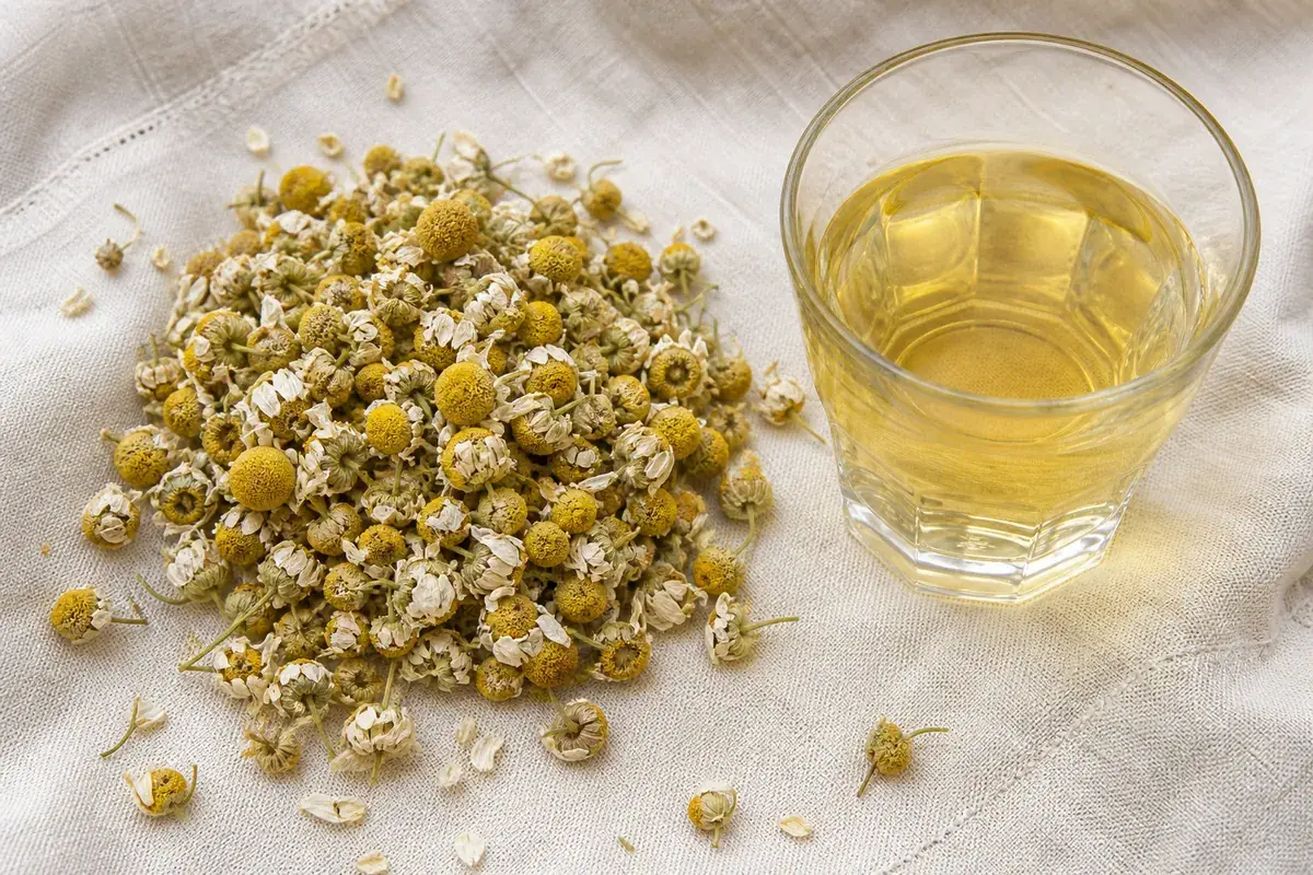 Whole dried chamomile flower heads with yellow centres and white petals on pale linen