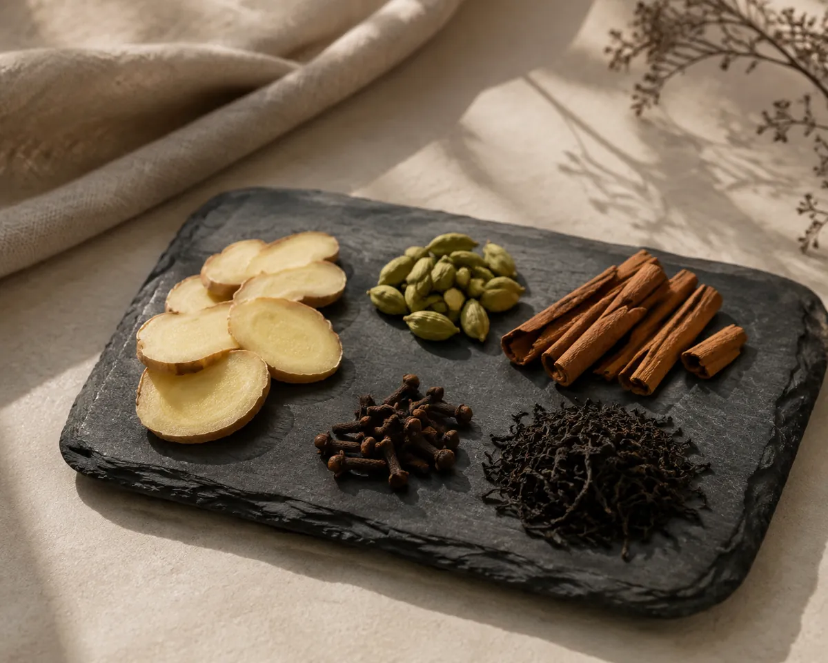 Fresh ginger coins with green cardamom pods, a broken cinnamon quill, whole cloves and dark twisted black tea leaf on dark slate