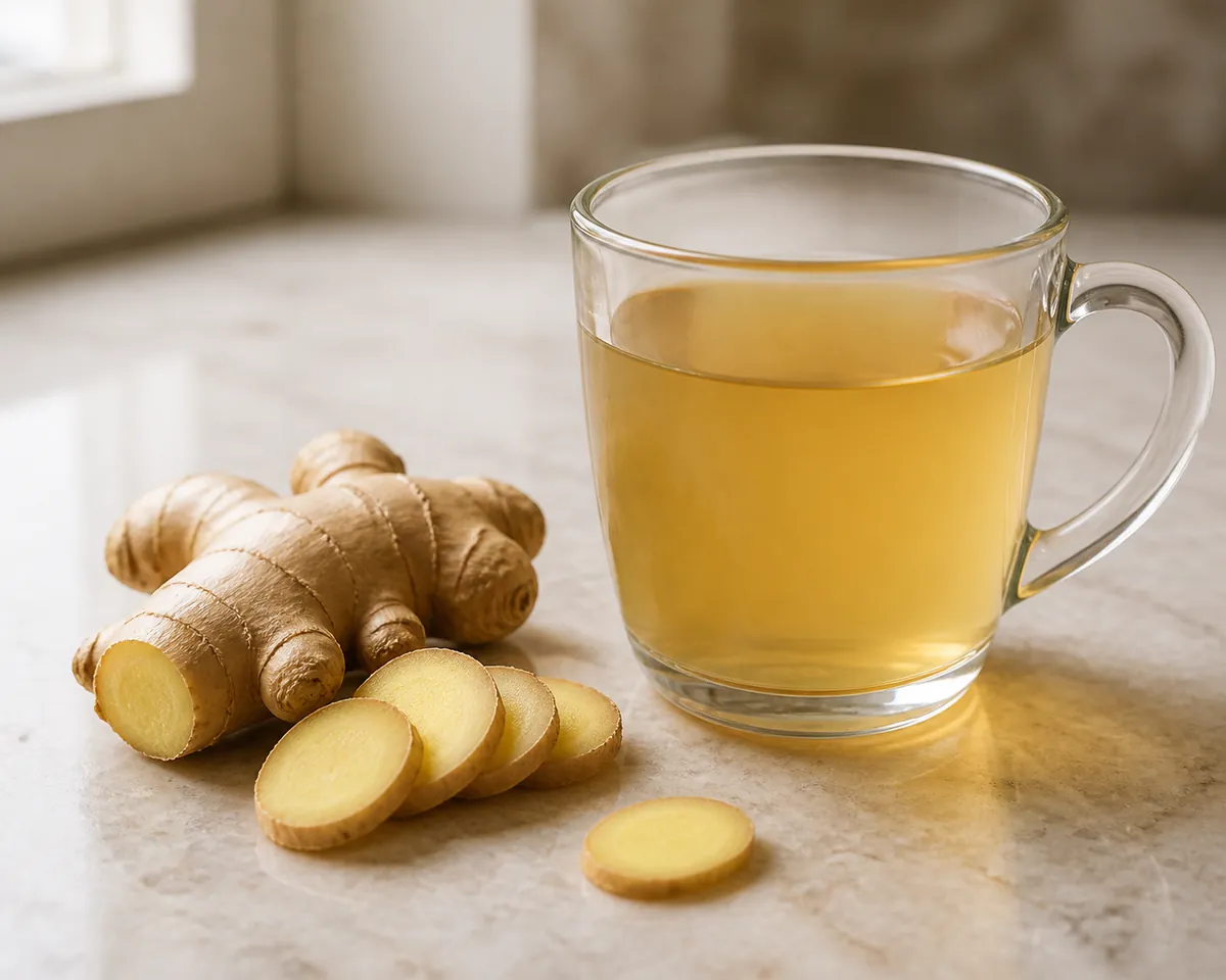 A knob of fresh ginger root with cut coins beside a clear glass mug of pale golden ginger infusion