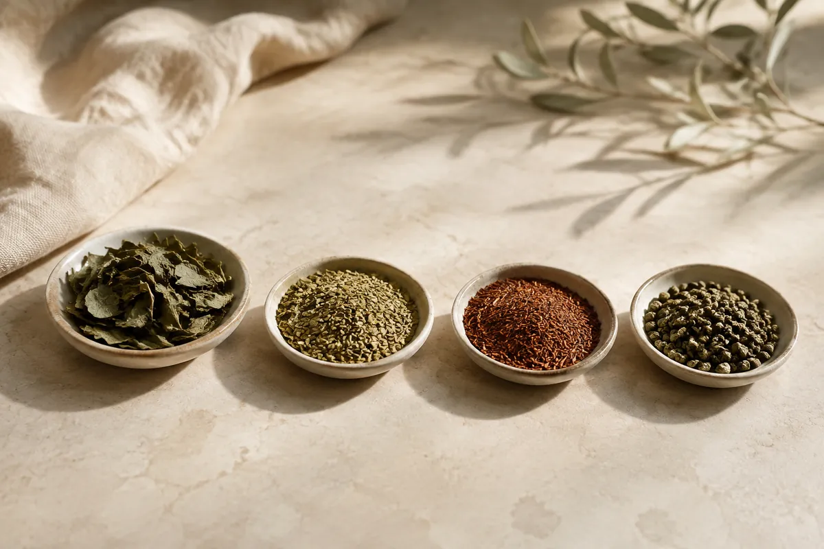 Four small dishes of dry leaf in a row on pale stone: large olive guayusa, cut green mate, fine red rooibos and rolled green tea