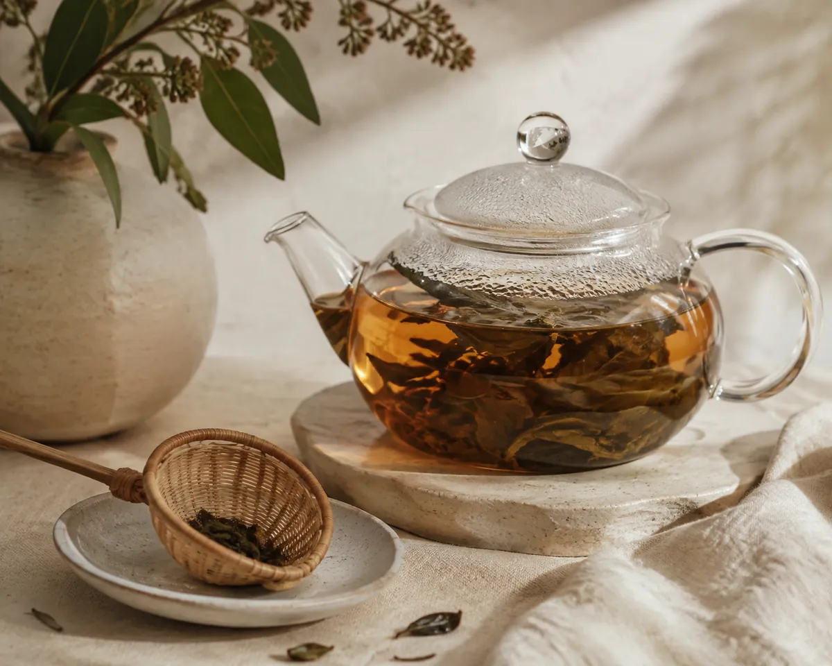 A wide glass teapot of amber infusion with large dark leaves fully opened and floating, a basket infuser on the saucer beside it