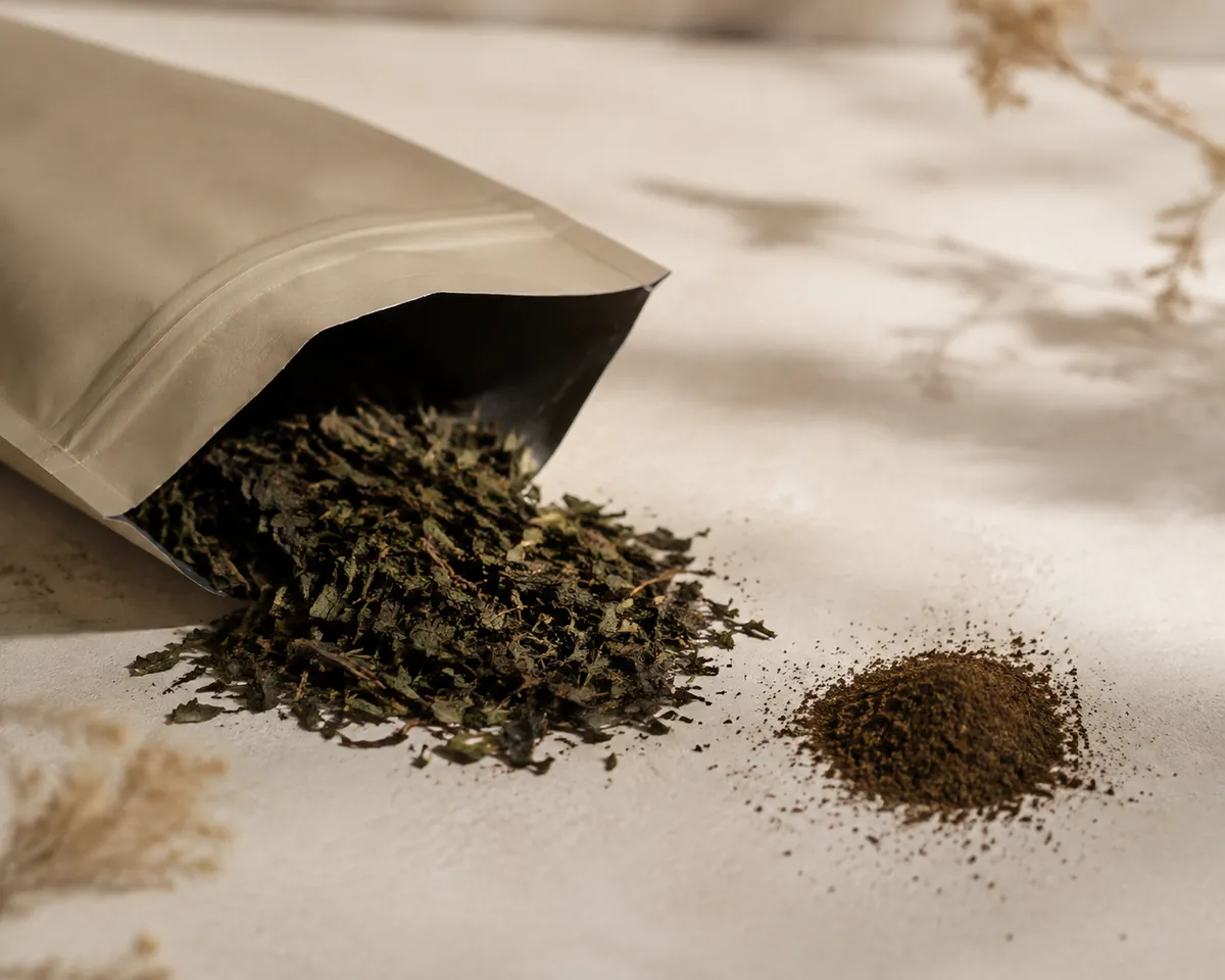 An opened opaque resealable pouch tipped onto a pale surface showing coarse whole leaf, beside a small heap of fine brown dust