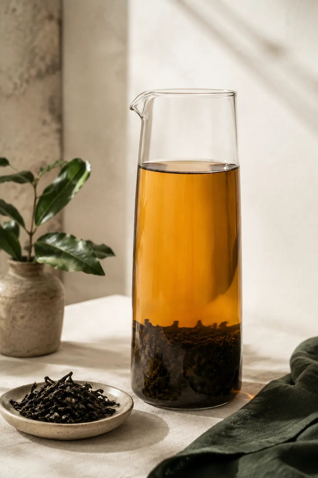 A tall glass jug of cold-brewed guayusa in a fridge, the leaf settled at the bottom and the liquid a clear pale amber