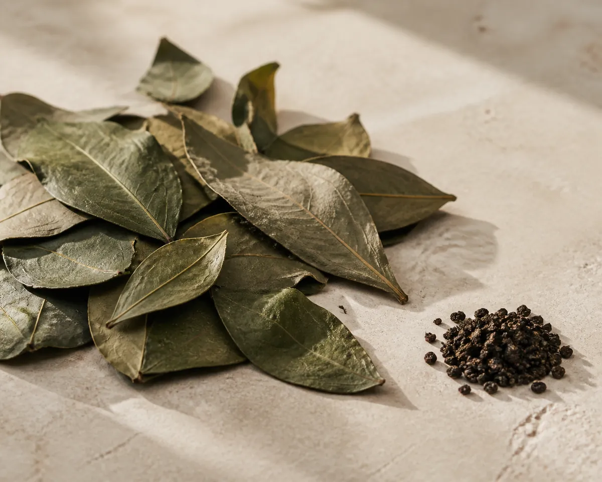 Large leathery dried guayusa leaves spread on a stone surface beside a smaller pile of rolled black tea leaf for scale