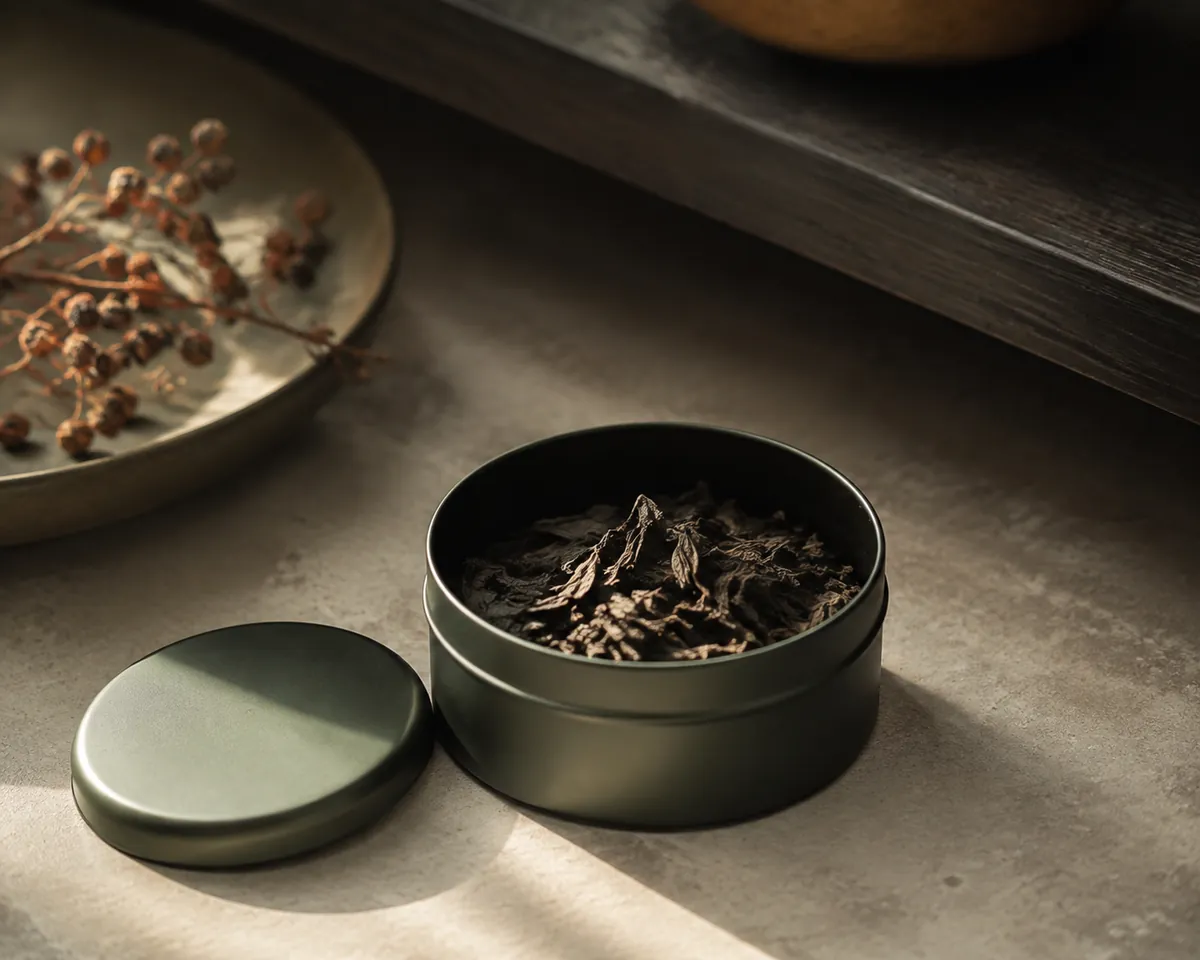 A sealed matte tin with the lid beside it on a dark wooden shelf, dried leaf visible inside, daylight falling short of the tin