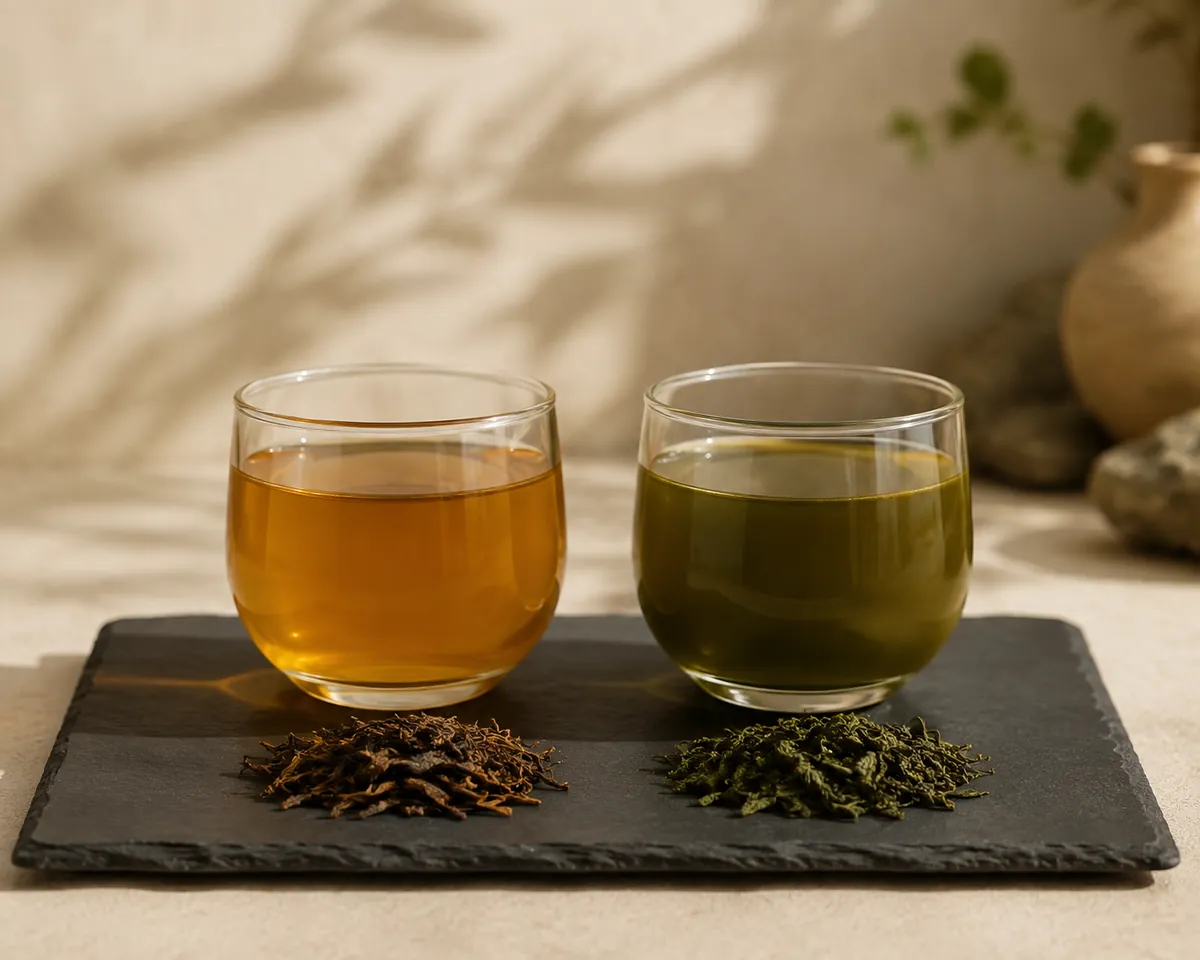 Two identical glass cups on dark slate, the left clear warm amber and the right cloudier olive green, with matching dry leaf in front of each