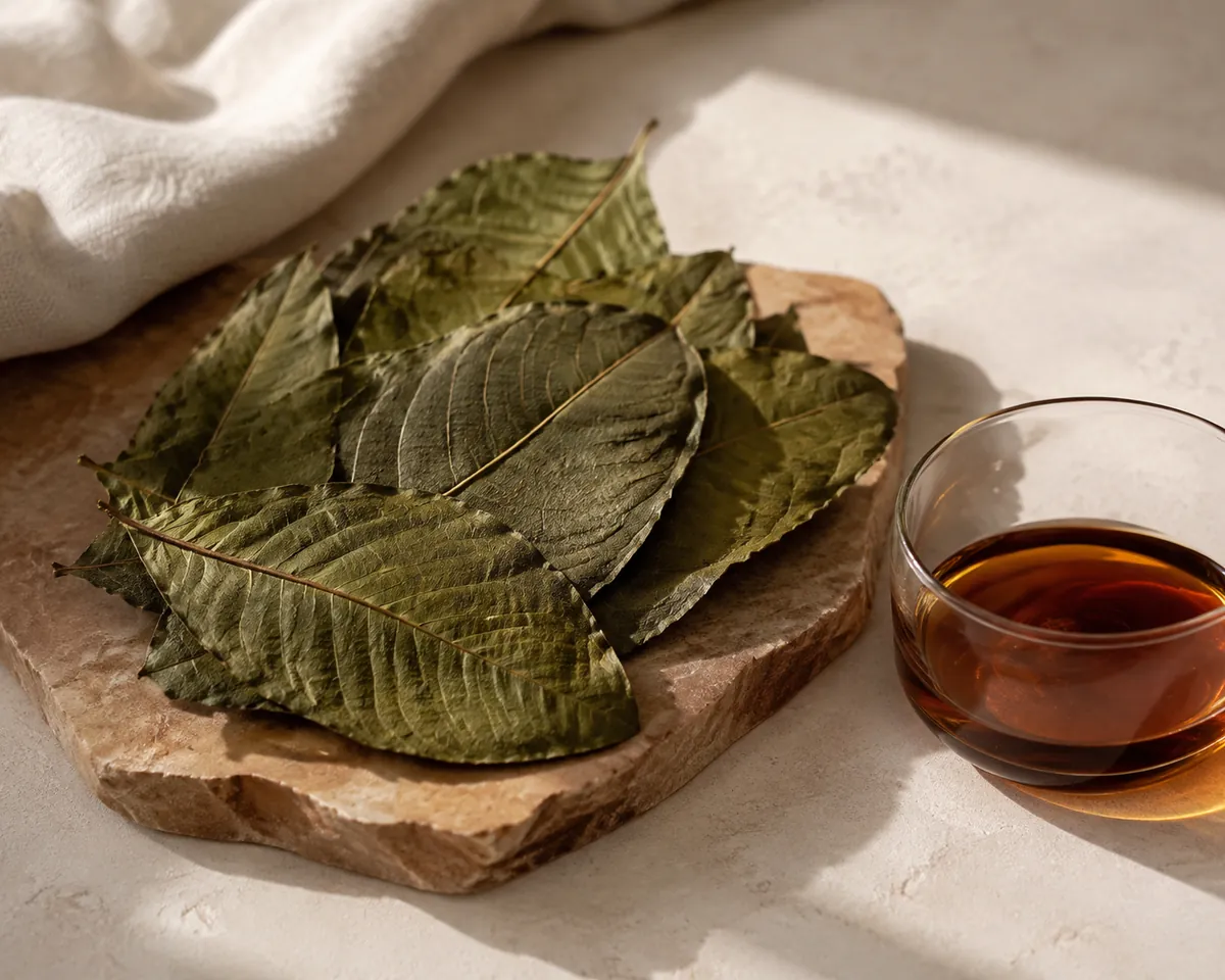 Large dried guayusa leaves beside a clear cup of deep amber liquor on a pale stone surface