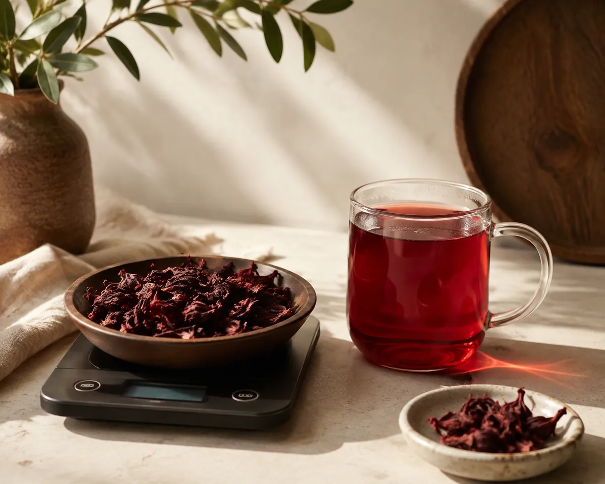 A small level heap of dried crimson hibiscus calyces on a digital kitchen scale beside a clear glass mug of deep red infusion