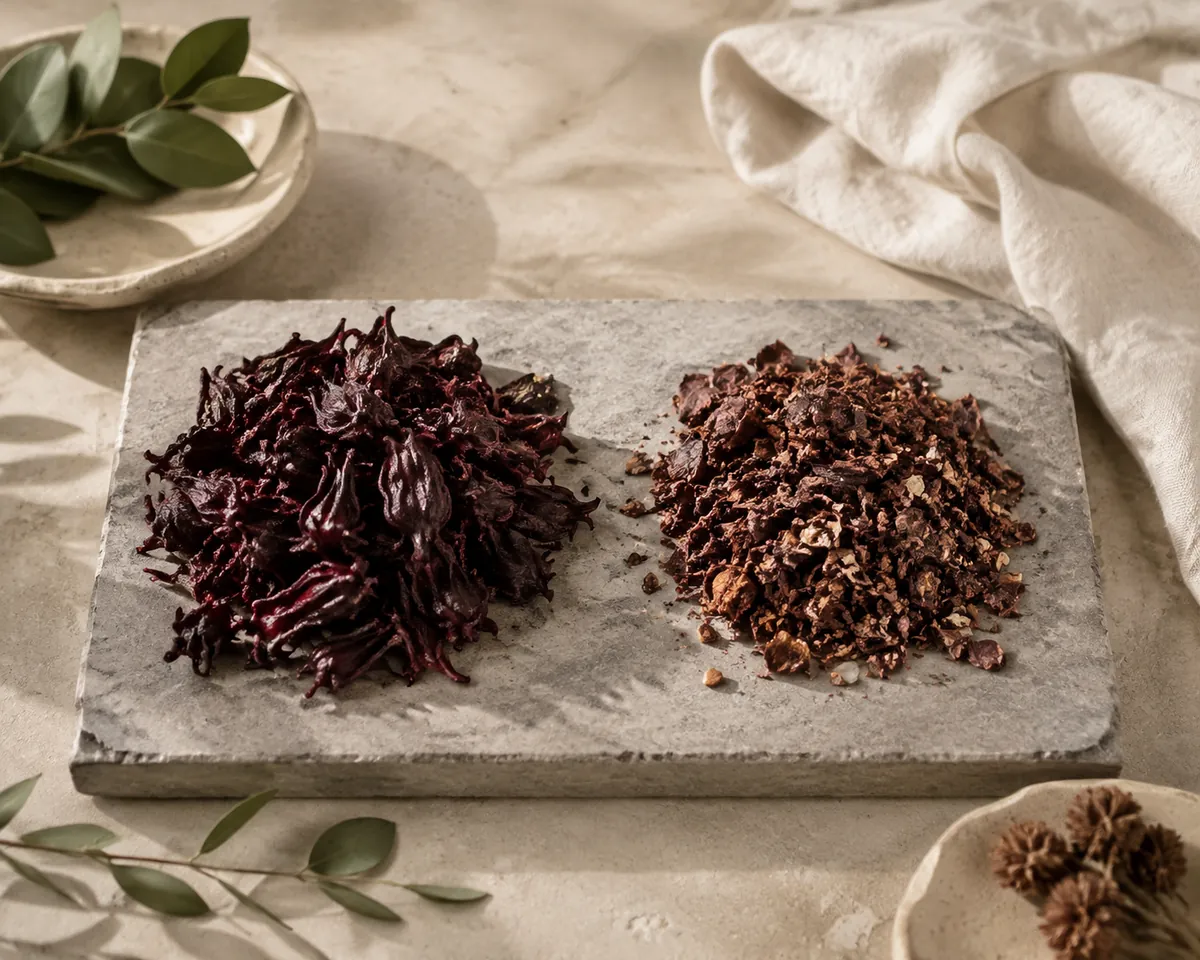 Two heaps of dried hibiscus side by side, the left whole deep purple-red calyces and the right dusty faded brown fragments with seeds and stem among them