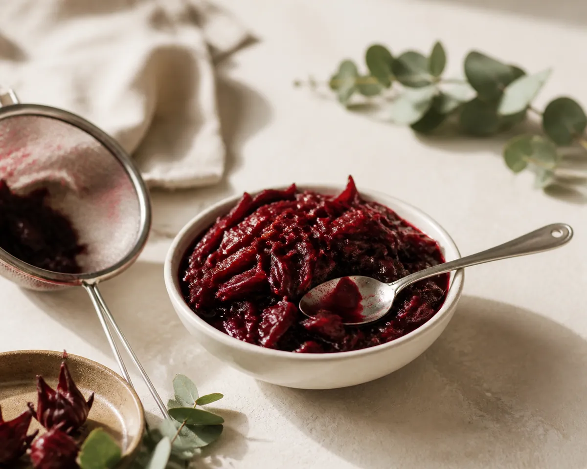 A small white bowl of soft strained hibiscus calyces, deep red and glossy, with a spoon resting in it beside a used mesh strainer