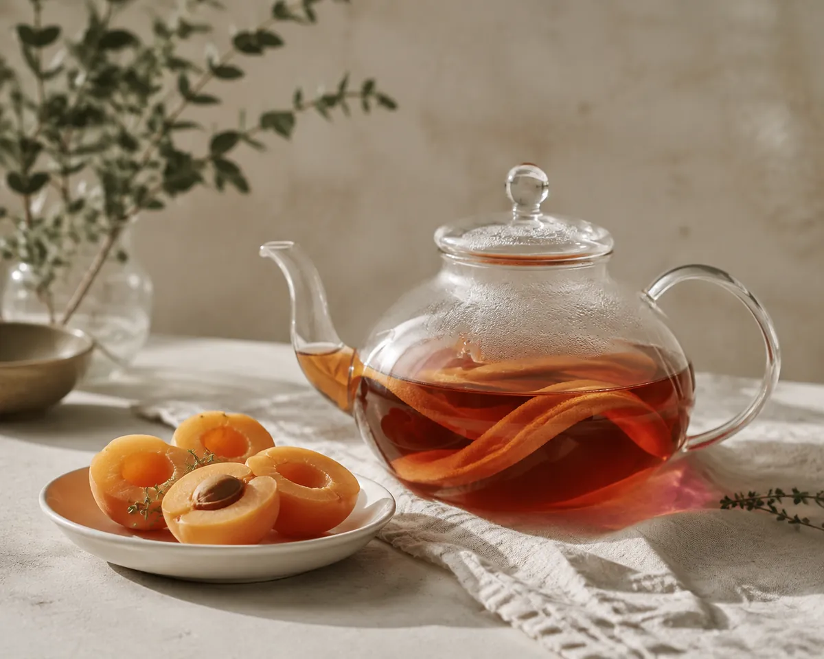 A glass teapot of deep amber infusion with a curl of orange peel floating in it, halved apricots on a small plate beside it