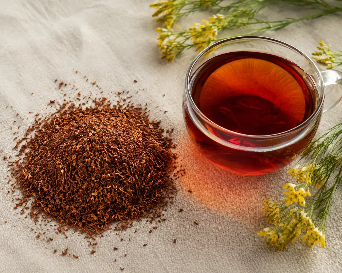 Coppery honeybush pieces beside a cup of amber infusion and yellow flowers