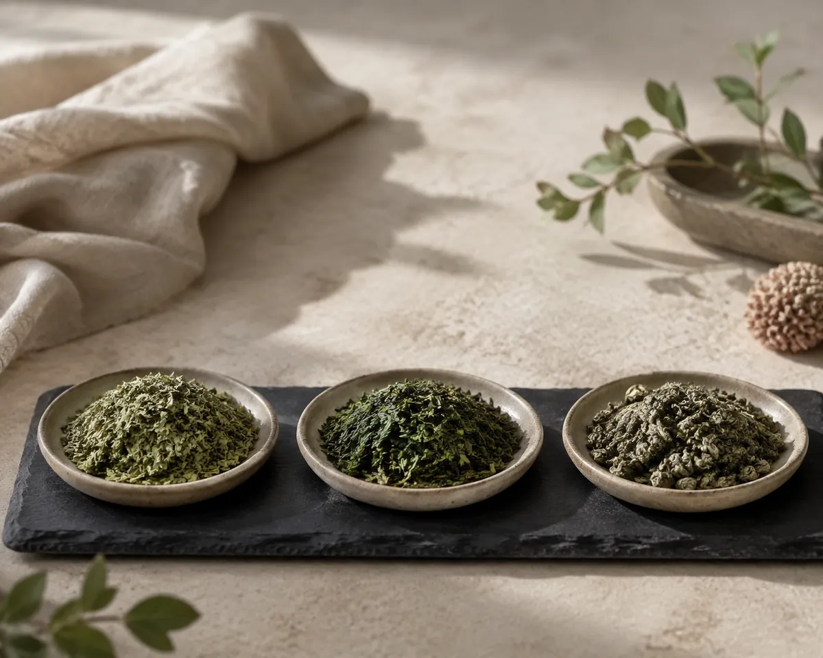 Three small dishes of dry leaf on dark slate: grey-green lemon balm, darker cut mint and pale rolled green tea