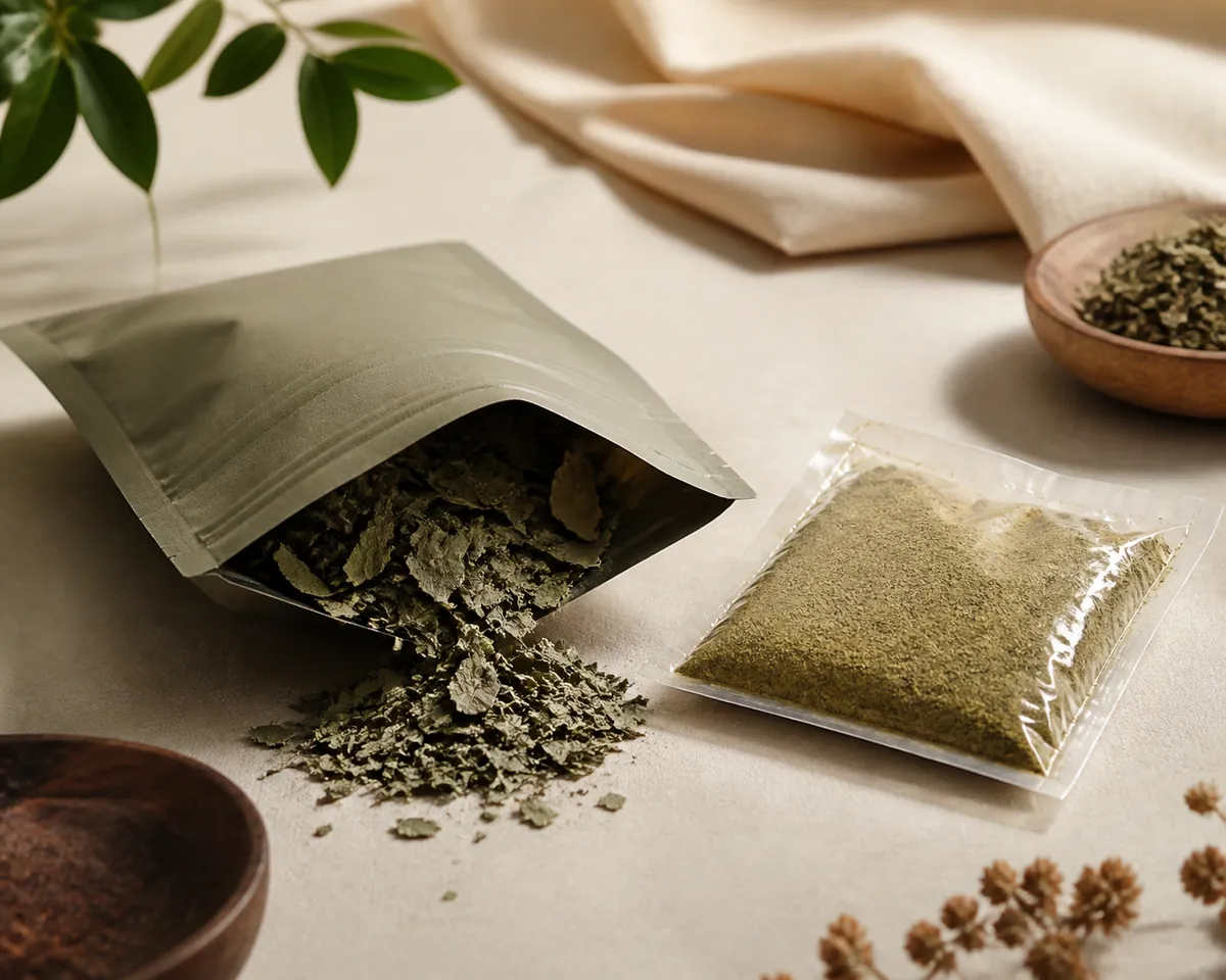 An opaque resealable pouch opened to show broken grey-green dried leaf, beside a clear cellophane pack of dull powdered leaf