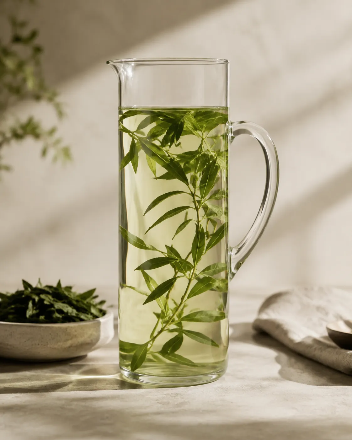 A glass jug of pale infusion in a fridge with whole fresh leaves suspended in the water