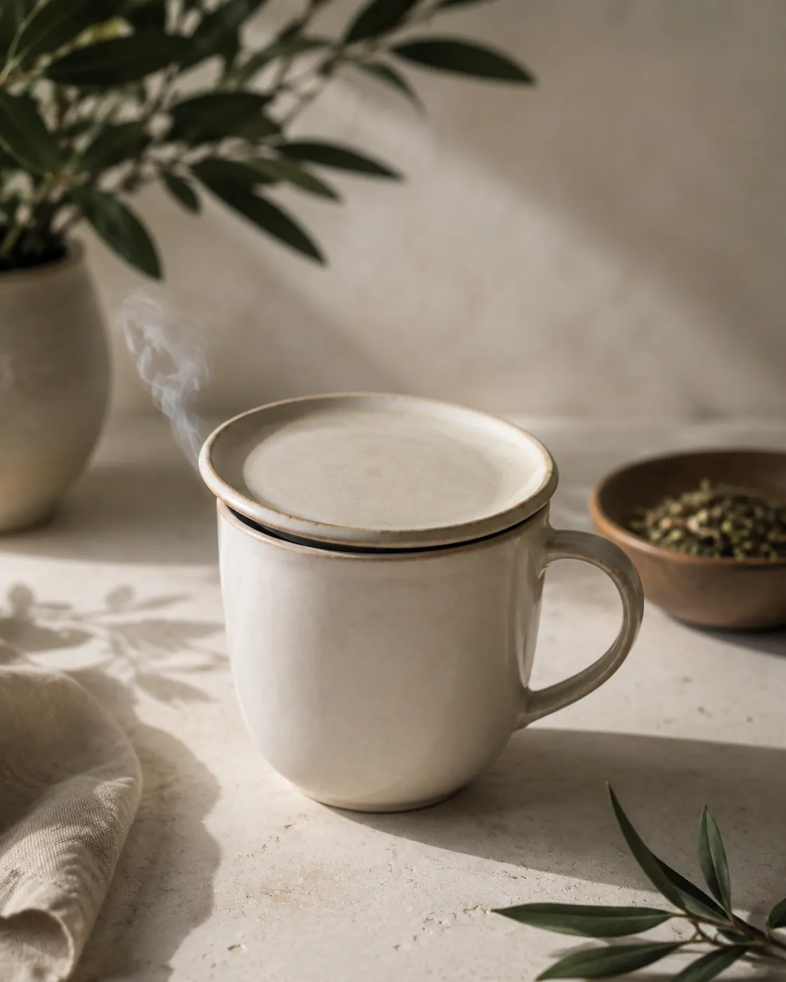 A ceramic mug of pale infusion with a small saucer resting over the rim as a lid, steam escaping at one edge