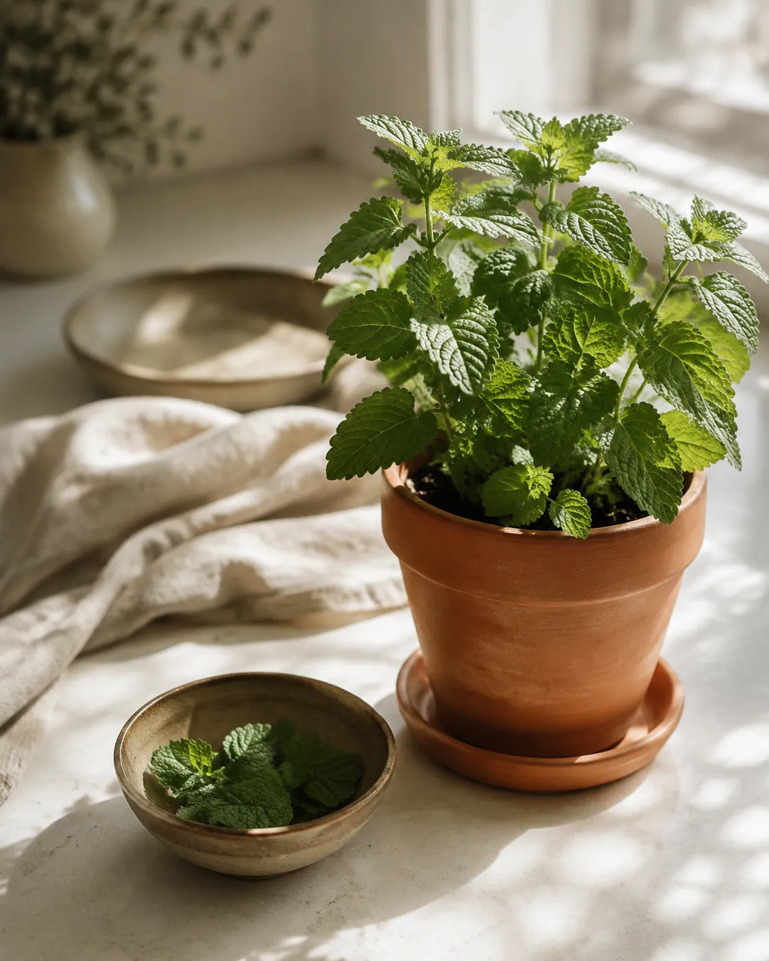 A lemon balm plant in a terracotta pot on a bright windowsill with a few crinkled leaves picked into a bowl beside it