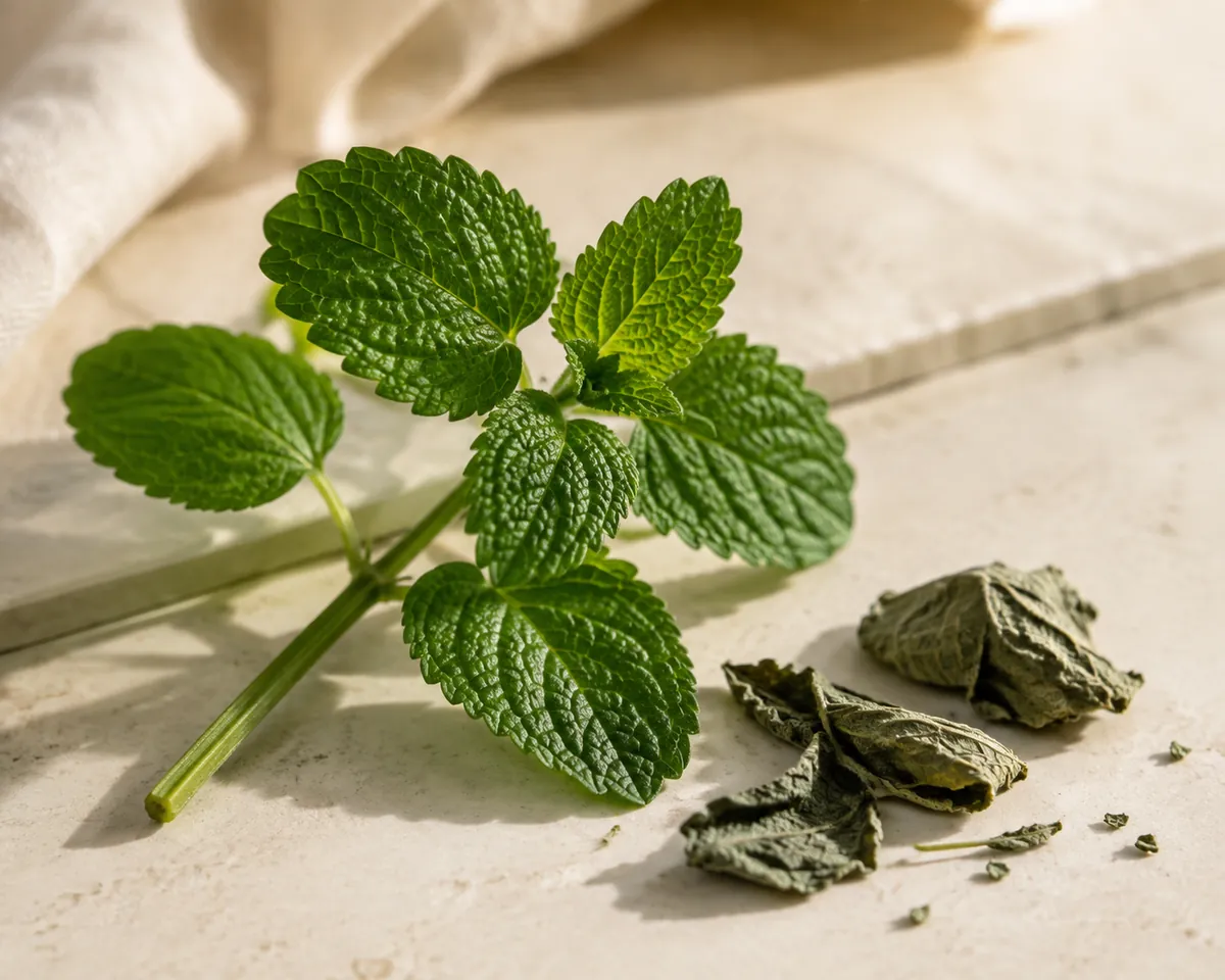 Fresh crinkled lemon balm leaves on a square stem laid on pale stone beside a few dried grey-green leaves