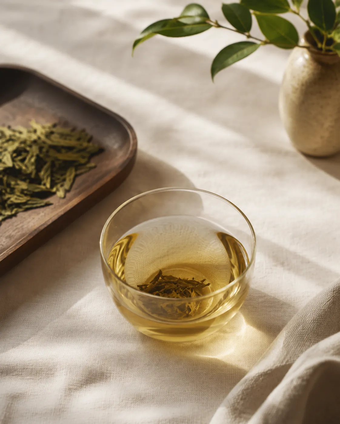 A glass cup of pale straw-gold lemon balm infusion on a pale linen surface, a few leaves visible in the bottom