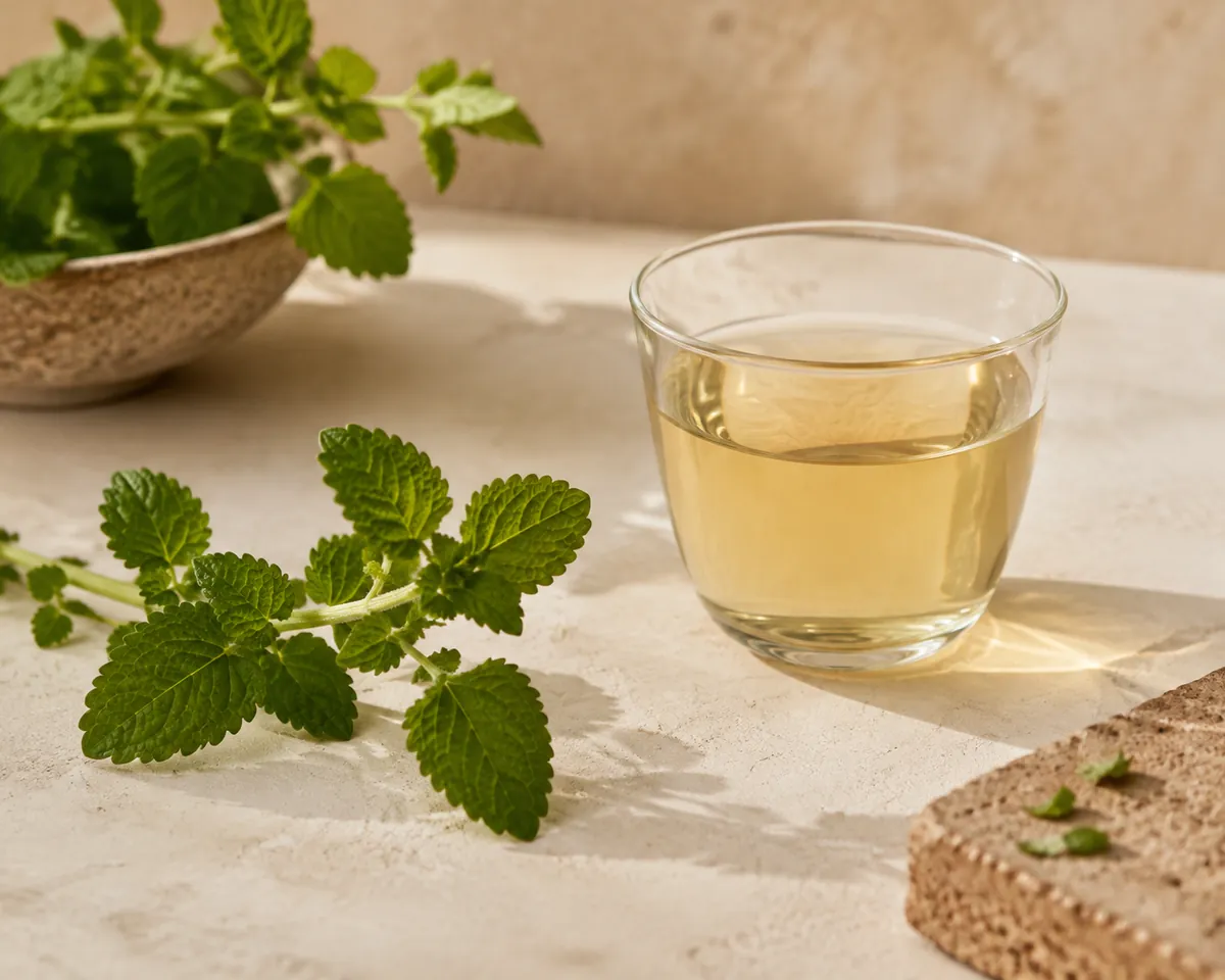 Fresh crinkled lemon balm leaves beside a glass cup of pale straw-gold infusion