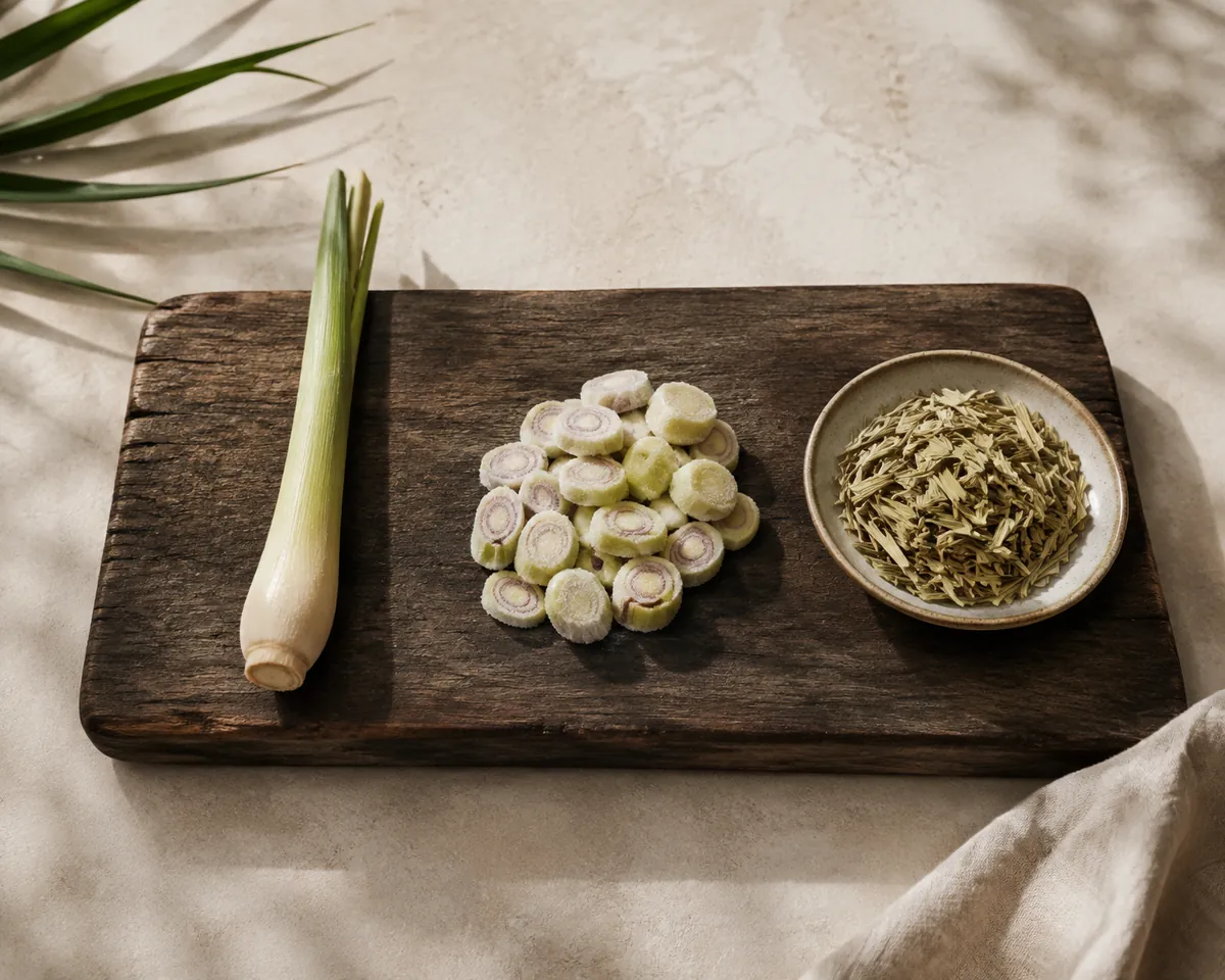 A whole fresh lemongrass stalk, a heap of frosted frozen slices and a dish of pale dried cut lemongrass laid out in a row
