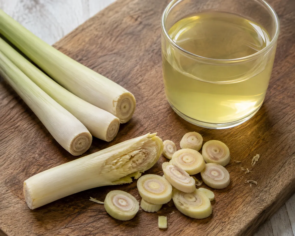 Fresh lemongrass stalks trimmed and bruised beside a glass of pale infusion
