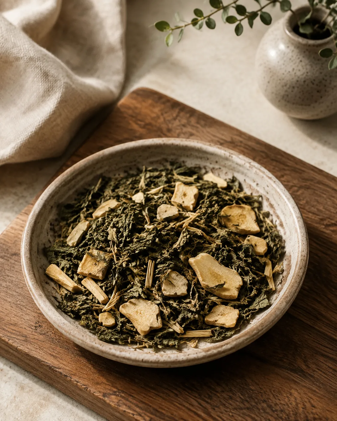 A shallow dish of loose herbal blend with dark green mint leaf pieces mixed through pale liquorice root shavings and dried ginger slices