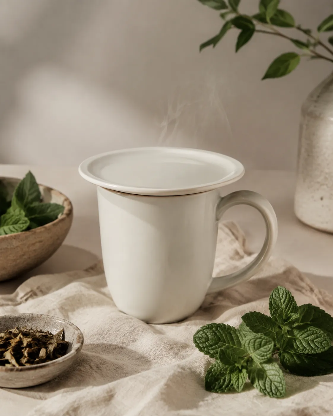 A white mug of pale green peppermint infusion with a small saucer laid flat over the top and steam escaping at the rim