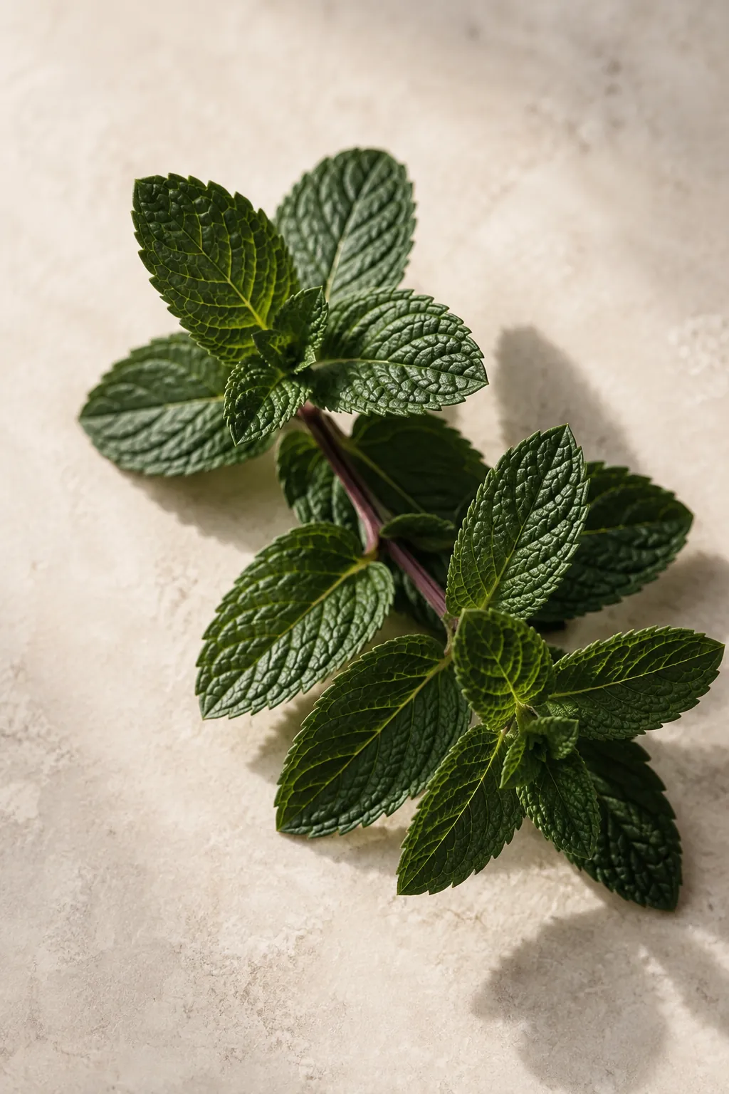 A close view of dark green peppermint leaves on a purple-tinged square stem, the toothed edges and sunken veins sharp in the light