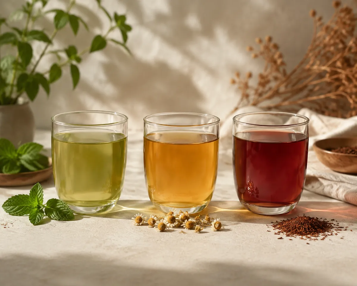Three clear glass cups in a row holding pale green peppermint infusion, golden chamomile and deep red rooibos