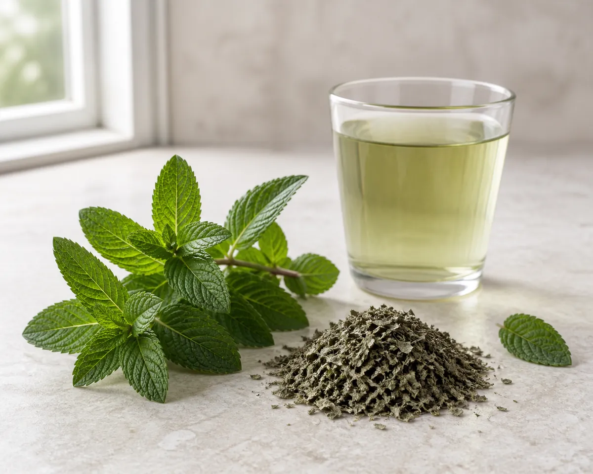 Fresh peppermint sprigs beside dried peppermint leaf on a pale stone surface