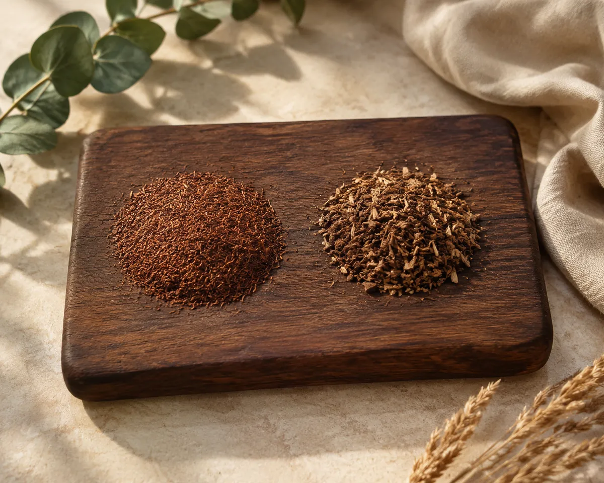 Two small heaps of dry needle-like infusion on a dark board, the left deep russet rooibos and the right coarser and browner honeybush