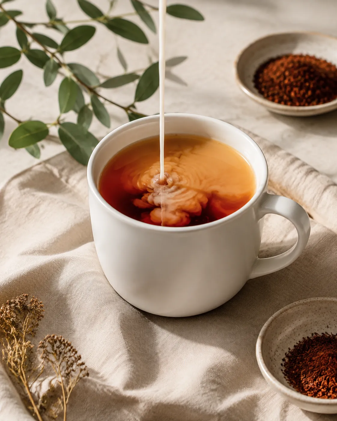 A mug of deep red rooibos with a stream of milk clouding down into it and turning the surface a soft tan