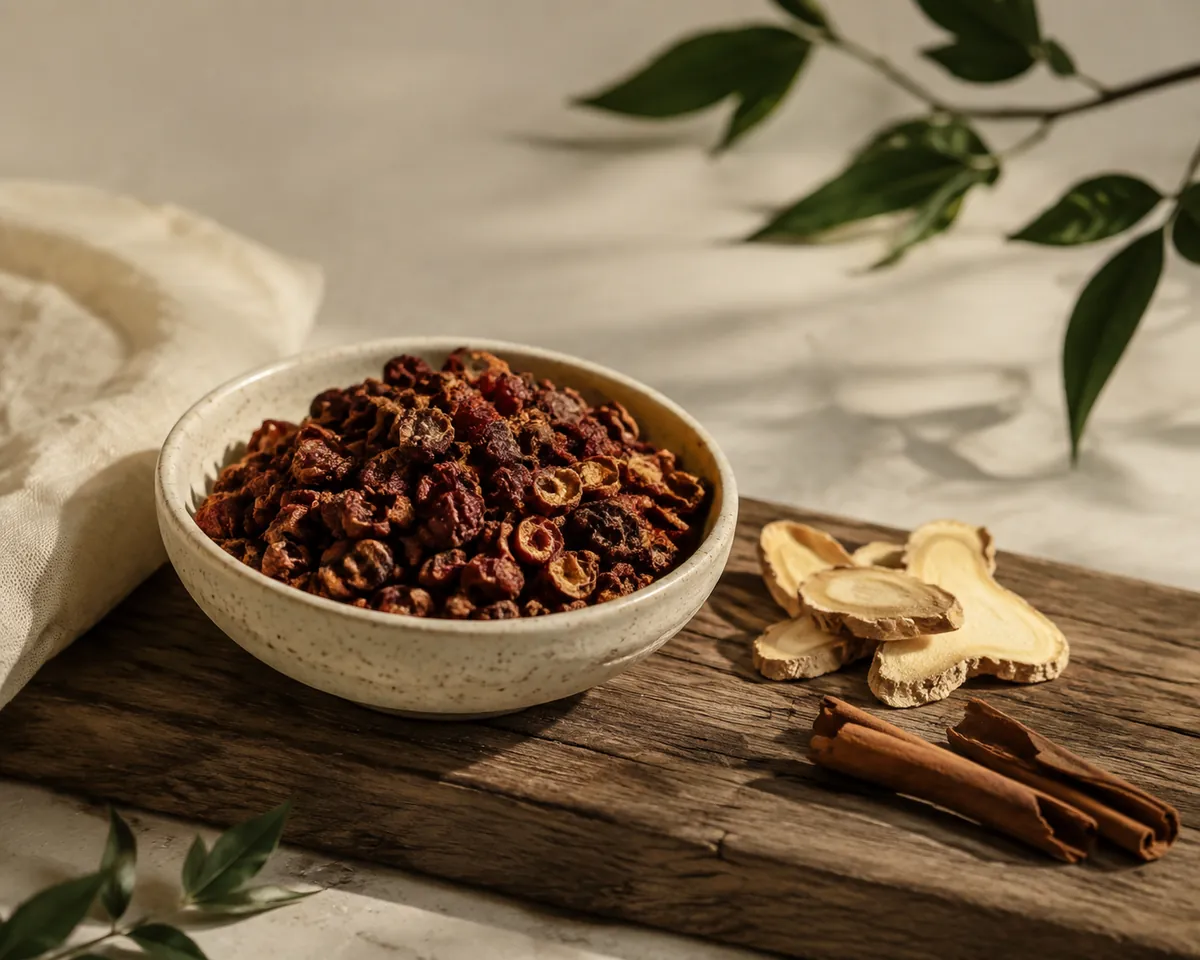 Cut rosehip shell in a bowl with sliced dried ginger and a broken cinnamon stick beside it on warm wood