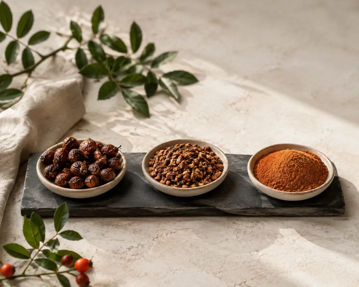 Three dishes on dark slate holding whole dried hips, coarse cut shell and fine rosehip powder