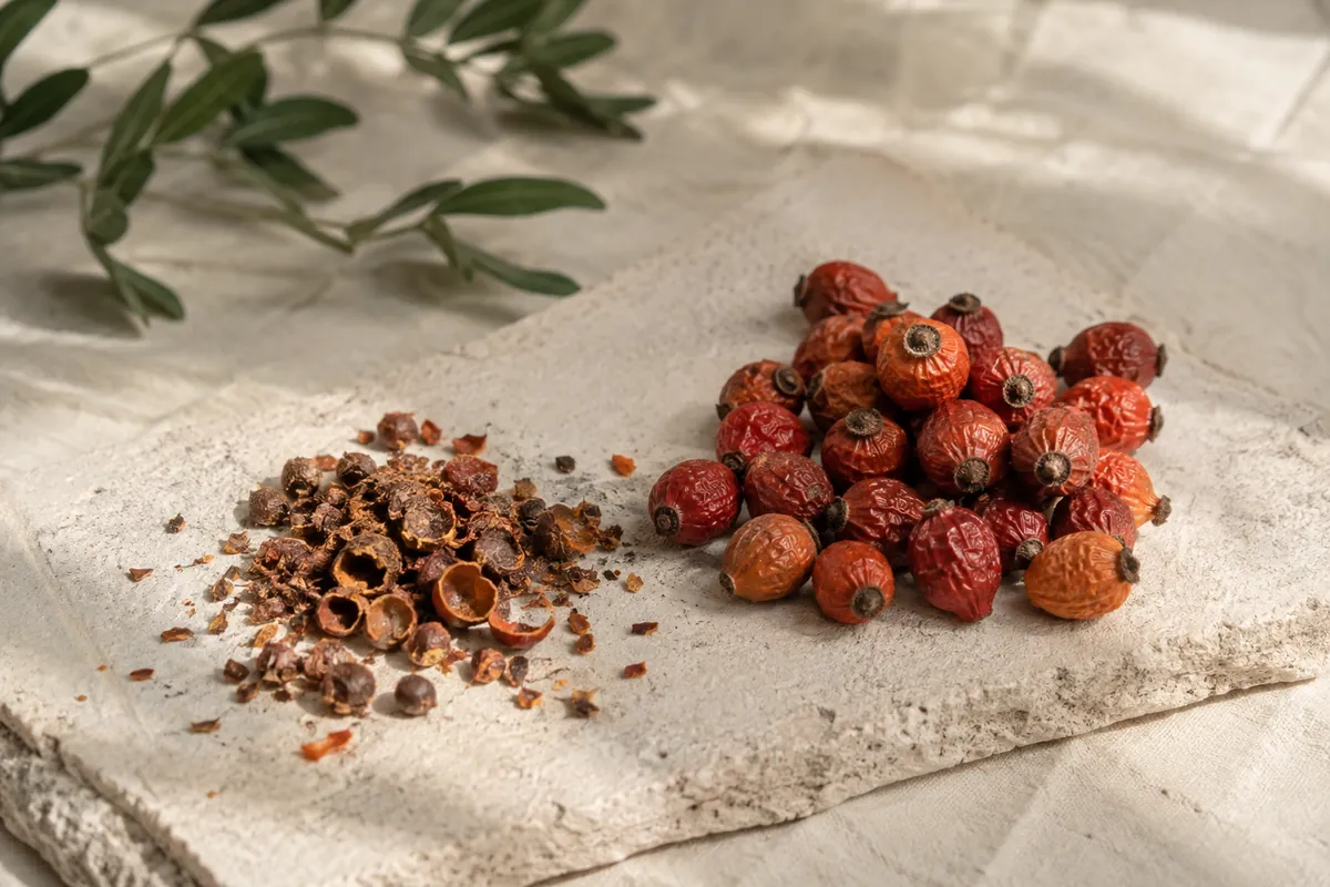 Whole dried red-orange rosehips beside a pile of broken shell pieces on a pale stone surface