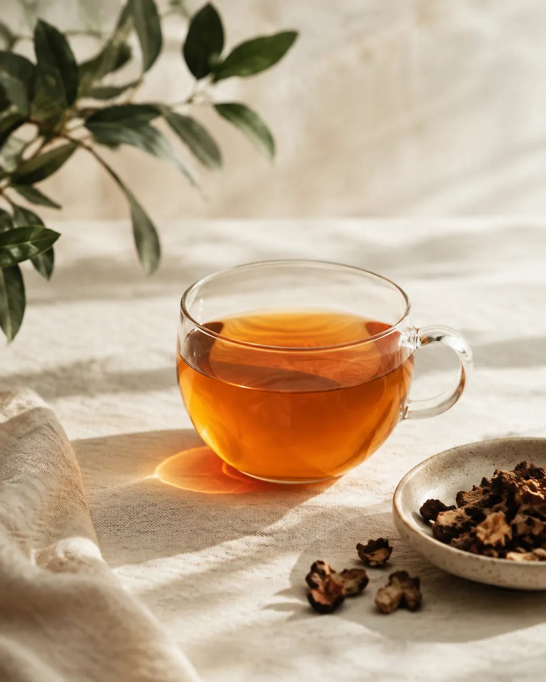 A clear glass cup of amber-russet rosehip infusion backlit on pale linen, with no red tint at all