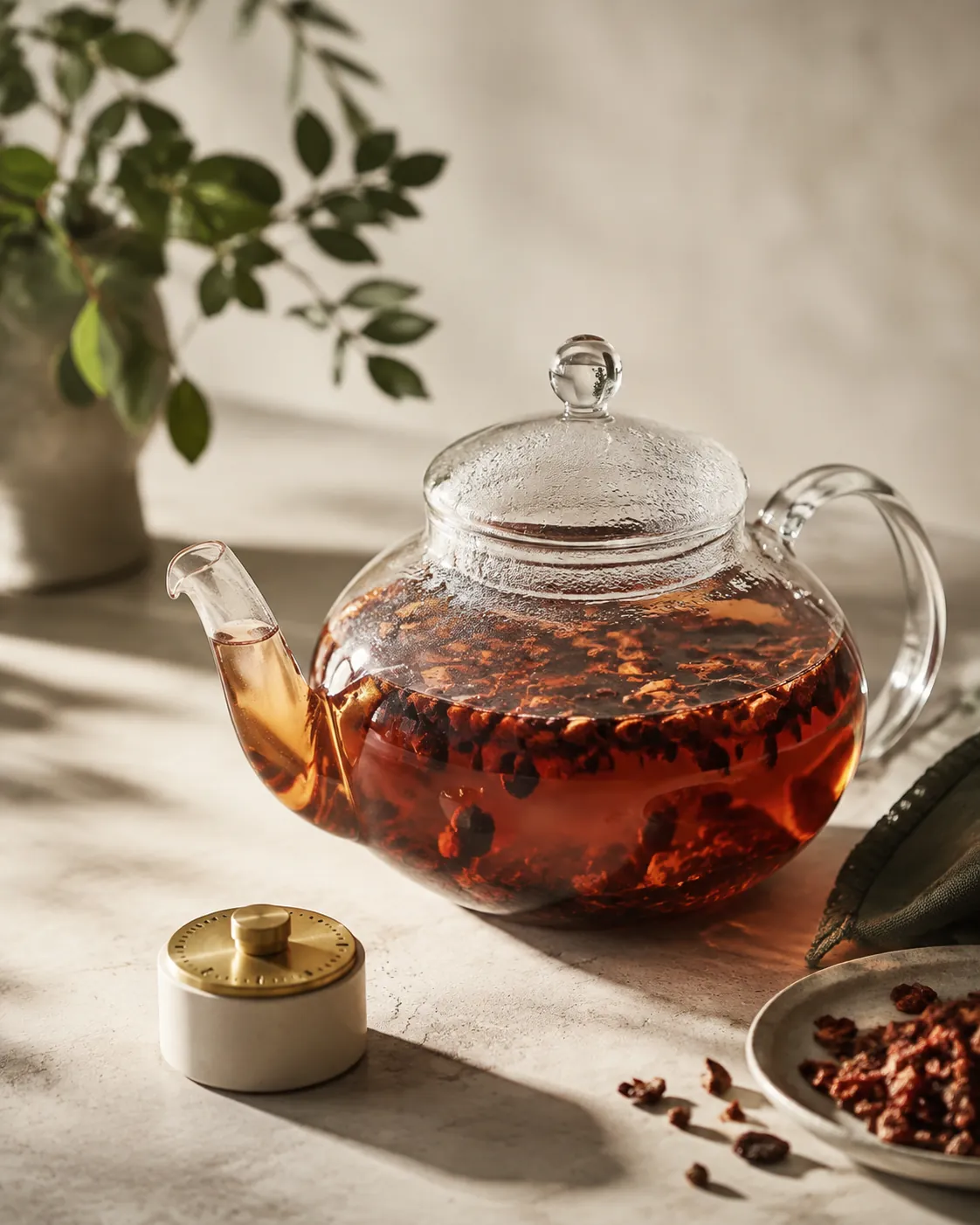 A glass teapot of deepening russet infusion with broken rosehip pieces suspended, a timer beside it