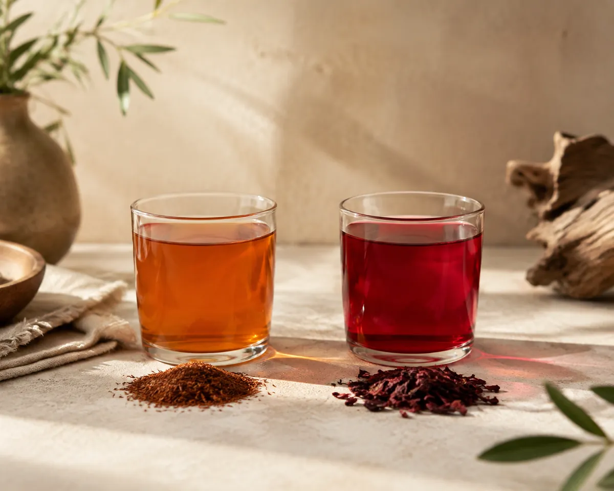 Two glass cups side by side, the left a clear russet orange and the right a vivid crimson, with the matching dry material in front of each